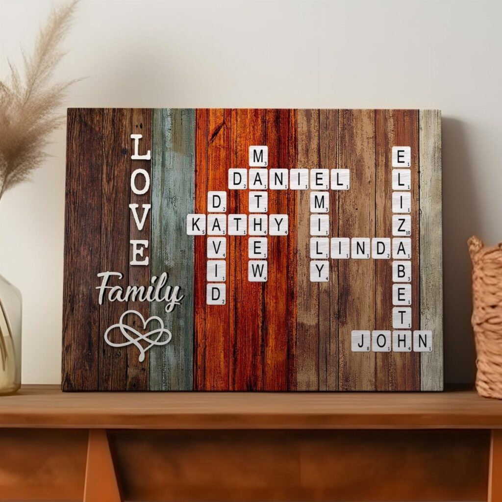 Wooden crossword wall sign with family names on multicolored rustic planks