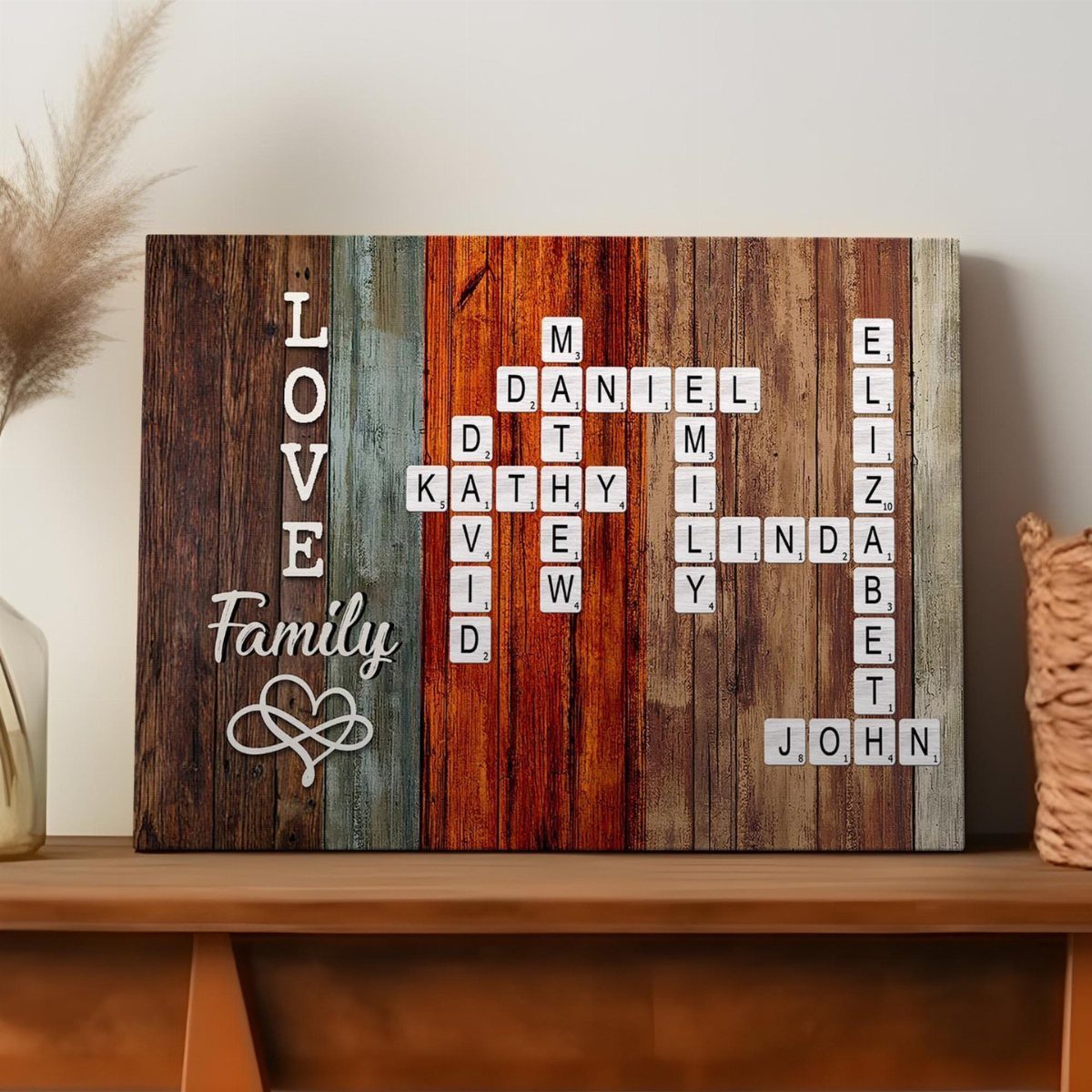 Wooden crossword wall sign with family names on multicolored rustic planks