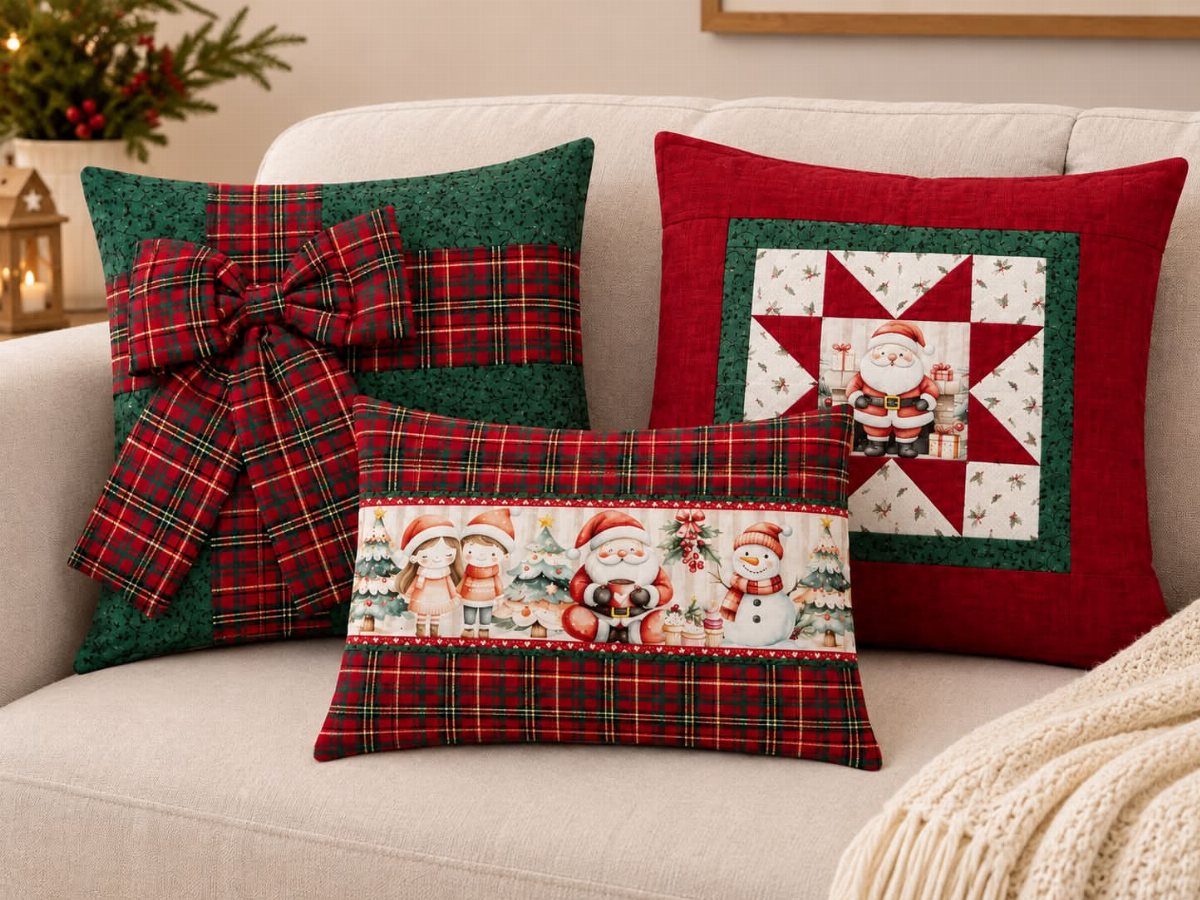 Three festive Christmas pillows with plaid patterns and Santa prints on a sofa