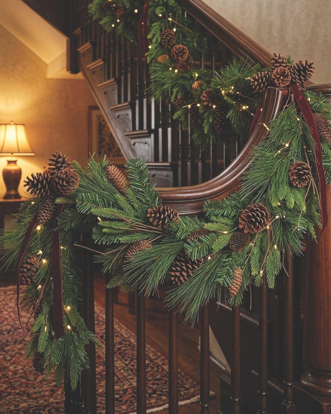 Evergreen garland with pine cones and fairy lights draped on a wooden staircase
