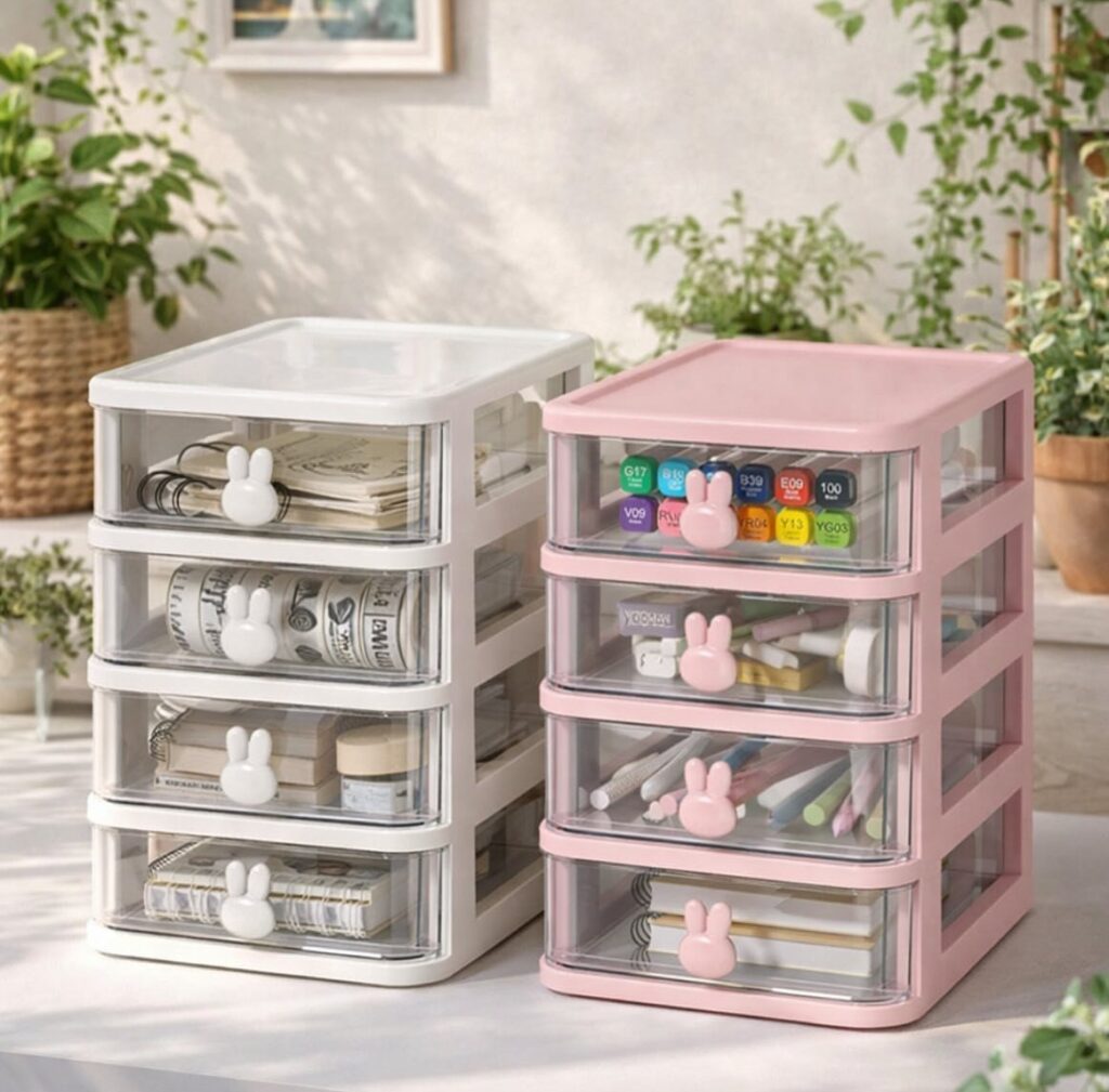 Two mini plastic desk organizers with bunny handles holding various office supplies.