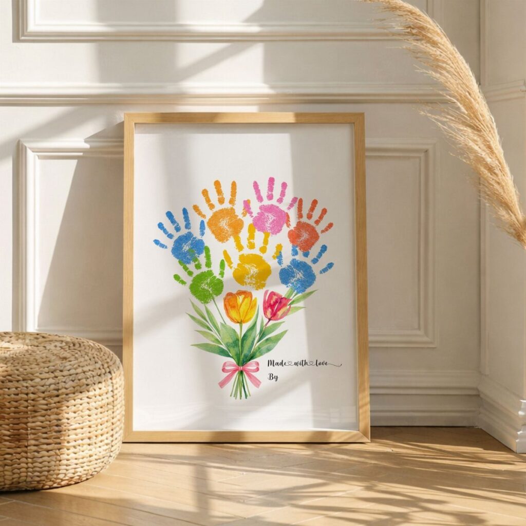Framed handprint bouquet artwork with colorful prints and painted stems on a white wall.