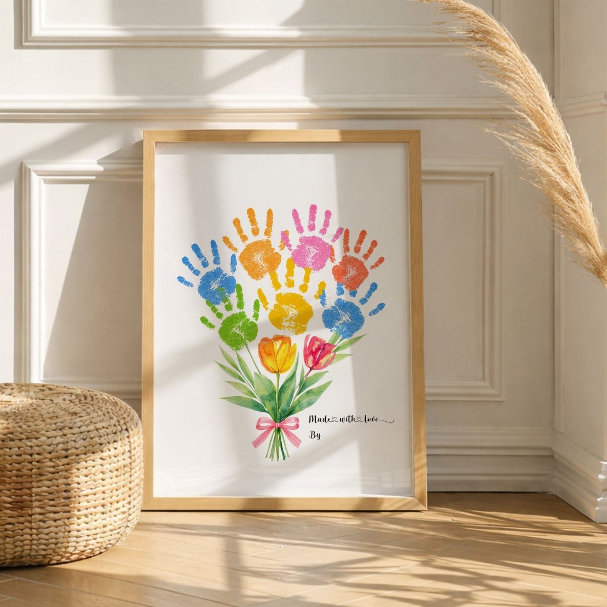 Framed handprint bouquet artwork with colorful prints and painted stems on a white wall.