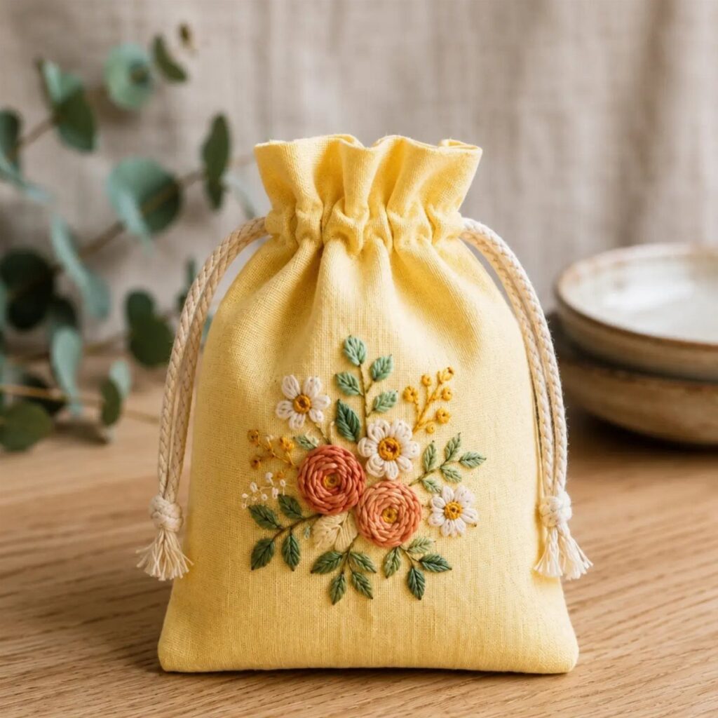 Yellow fabric drawstring gift bag with floral embroidery on a wooden table