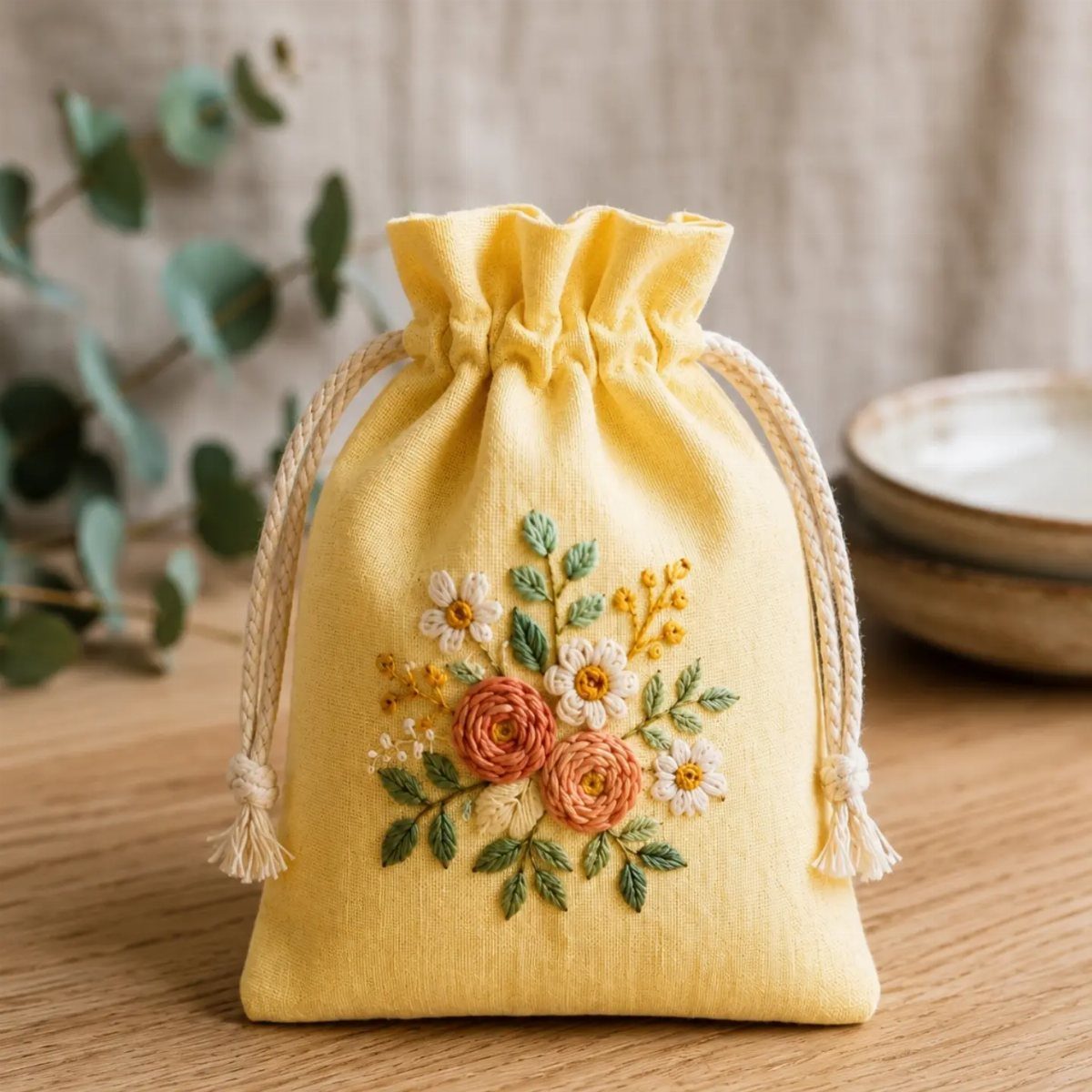 Yellow fabric drawstring gift bag with floral embroidery on a wooden table
