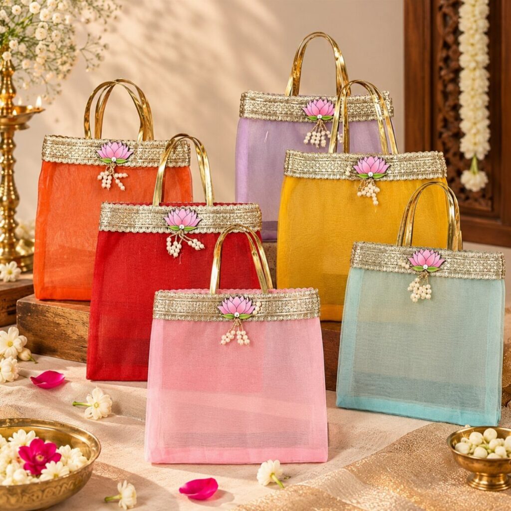 Colorful fabric gift bags with gold handles and lotus flower decorations on a table.