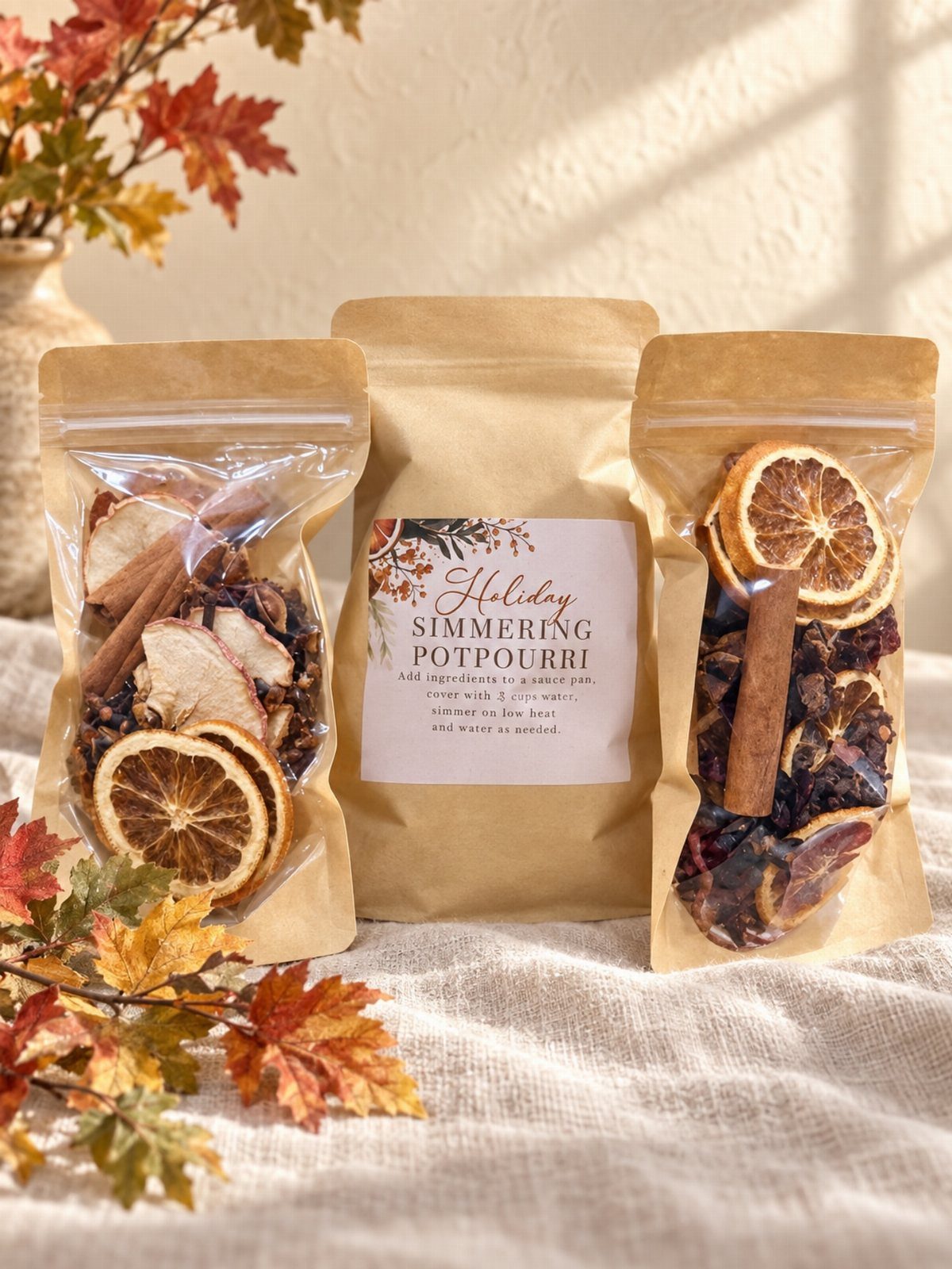 Three brown paper pouches of holiday simmering potpourri with dried citrus and cinnamon.