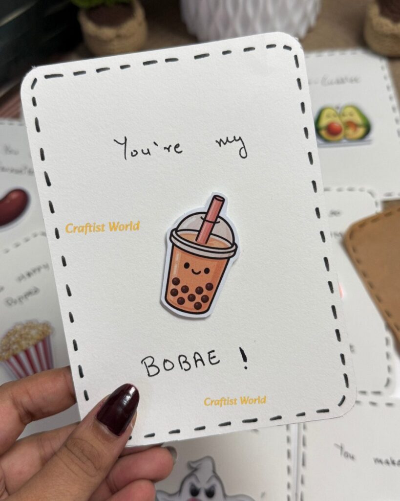 Handmade white card with a cute bubble tea illustration and punny love message.